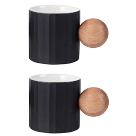 Fire Kirin Ceramic Espresso Cups Set of 2, 2 oz Mini Espresso Cups, Round Wooden Handle Stripes Demitasse Cups for Tea or Coffee (2, Black)