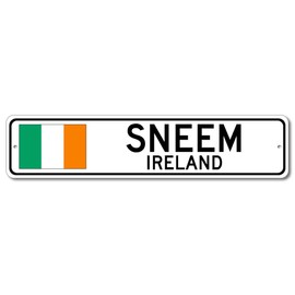 Sneem, Ireland - Irish Flag Street Sign - Metal Novelty Sign, Gift Sign, Man Cave Street Sign, Ireland City Sign, Irish Pub and Bar Wall Decor, Made in USA - 4x18 inches