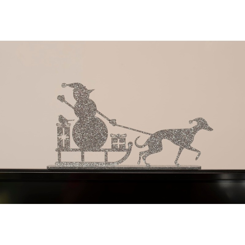 Whippet Greyhound Pulling Snowman on Sledge Silhouette Ornament - Handmade