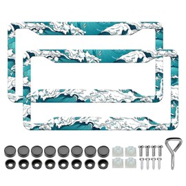 Ocean Waves License Plate Frames - 2 Pack Traditional Pattern Aluminum Metal License Plate Holder Covers,Rust-Proof Waterproof Car Decorative Tag Frames for Standard US 12x6 Inch