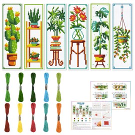ORIGACH 6 Set Green Plants Cross Stitch Bookmark Kit for Beginner with Backing Felt Floss Instructions DIY Stamped Embroidery Bookmark Kit for Adults, Book Lovers