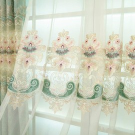 pureaqu Semi Sheer Voile Curtain Panels 84 Inches Long for Bedroom European Floral Embroidered Lace Bottom Curtain Metal Grommet Sheer Draperies for Villa/Living Room 1 Panel W52 x L84 Inch