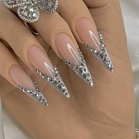 ANDGING ANDGING Silver Press on Nails Stiletto Medium Long Fake Nails with Glitter Rhinestone Design Glue on Nails False Nails with Glue Full Cover Nail Press ons Reusable Stick on Nails for Wedding Birthday