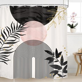 Mitpok Black Pink Boho Shower Curtain Mid Century Modern Abstract Bohemian Minimalist Gold Leaves Sun Arch Geometric Plant 60Wx72H Bathroom Decor Neutral Bath Curtain Fabric Polyester 12 Pack Hooks