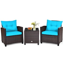 HAPPYGRILL 3 Pieces Patio Conversation Set, Outdoor Furniture Set PE Rattan Sofa Set with Removable Cushions, PE Wicker Chairs with Tempered Glass Side Table for Porch Lawn Garden Balcony Backyard