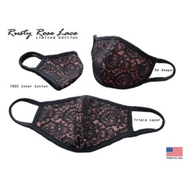 Econo High - Women Fashion Rusty Rose Floral Lace Face Mask Cover Made In USA Washable Triple Layer- 3 PACK (Black Eyelet Floral)
