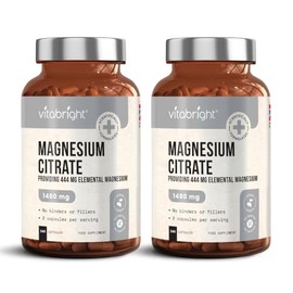 Magnesium Citrate Capsules 1480mg | 444mg Elemental | 4 Months | Electrolytes & Hydration - Regular Daily Use | Magnesium Supplements for Women & Men | Not Powder or Tablets | VitaBright | 2 Pack