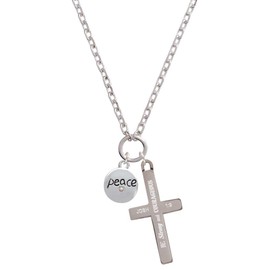 Delight Jewelry Silvertone Peace with AB Crystal and Dove Strong and Courageous Engraved Cross Zoey Necklace, 28"
