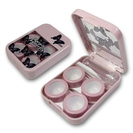 Beautiful Pink butterfly Contact Lens Case, Contact Lens Holder Container Soak Storage Kit for Travel & Home (One Kits only)