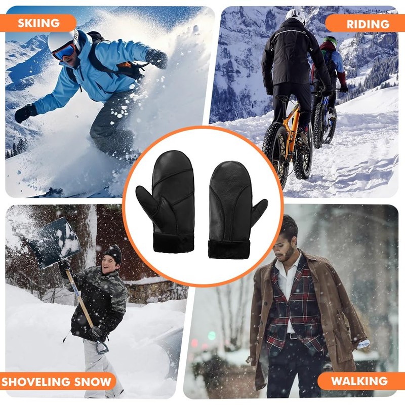Men Winter Mittens Shearling Sheepskin Mittens Warm Fur Lined Mittens