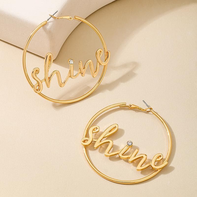 Gold Pated Large Circle Hoop Earrings with Shine Script, Lightweight