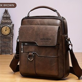 Men's Leather Crossbody Bag, Shoulder Bag, Retro Handbag, Business Bag, Casual Men's Leather Bag, Briefcase, Holiday Gift, Large Capacity, Multi Compartment, Mini Crossbody Bag with Handle And Adjustable Shoulder Strap Durable:_Dark brown