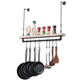 MyGift Ceiling or Wall Mounted Pot Rack with Shabby White Washed Solid Wood Shelf and Industrial Matte Black Metal Pipe, Hanging Cookware Utensils Organizer with 8 S-Hooks