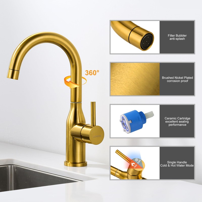 WOWOW Brushed Gold Bar Sink Faucet Single Hole Bar Faucet