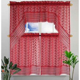 B and H Home Michel Red Embroidered 3-Piece Kitchen Curtain Window Treatment Set (Michel Red),tow tier 30 inch x36 inch one swag 60 inch x36 inch