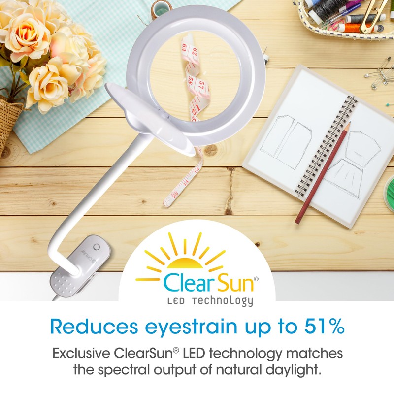 OttLite Lighted Magnifier Clip Lamp. Clearsun, White, Shipper