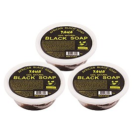 Taha African Black Soap Tub, Organic & 100% Natural, Soothing & Moisturizing, Healthy Cleansing – Great for Blemishes, Acne, Dry Scalp, and More, Natural Scent, 8 Oz (A. Natural, Pack of 3)