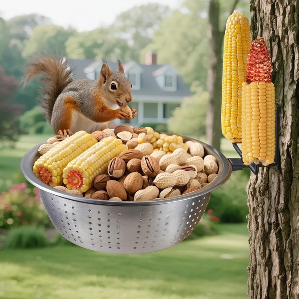 TKMSV Squirrel Feeder with 8.5" Colander Bowl Tree/Fence Mounted, 2