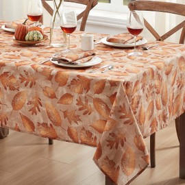 Newbridge Thanksgiving Taupe Metallic Foliage Contemporary Rectangle Fabric Tablecloth, 60 x 84 Inch, Autumn Golden Metallic Leaf Print, Soil Resistant No Iron Easy Care Holiday Dinner Table Cover