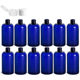 Premium Essential Oil 4 Ounce Boston Round Bottles, PET Plastic Empty Refillable BPA-Free, with Ribbed White Snap Caps (Pack of 12) (Blue)