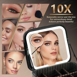 AISHIKEKE Makeup Bag with Led Mirror and 10x Mirror,Travel Makeup Bag,3 Type Lights with Adjustable Brightness,Adjustable Dividers Makeup Organizer,Cosmetic Bag for Women,Black