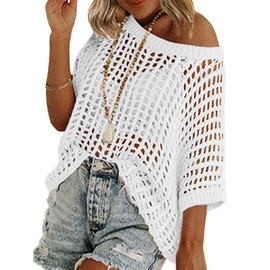 Zeagoo Off Shoulder Sweater Summer Crochet Hollow Out Short Sleeve Crewneck Pullover Tops A-White