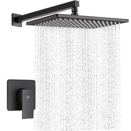POP SANITARYWARE Matte Black Shower Faucet Set, Bathroom Rainfall Shower System with Stainless Steel Metal Showerhead, Single Function Shower Trim Kit with Rough-in Valve