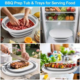 BBQ Prep Tub with Lid, Collapsible Wash Basin 7.5L Dish Tub Sink Basin, 2-in-1 Cutting Board Foldable Dish Pans for Kitchen Sink Camping Picnic Fruits Washing Smoker RV Accessories Kitchen Gadgets
