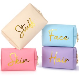 Aliceset 4 Pcs Preppy Makeup Bags Set Cute Makeup Pouchs Travel Cosmetic Bags Face Skin Hair Stuff Aesthetic Makeup Bags, PU Leather Waterproof Zipper Toiletry Pouch Gifts for Women Girl (Candy Color)