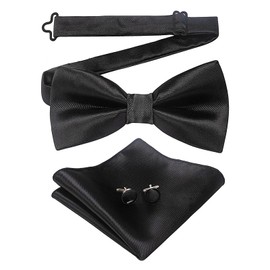 Men's Solid Color Pre-tied Bow Tie Adjustable Tuxedo Two Layer Black Bow Tie and Pocket Square Set