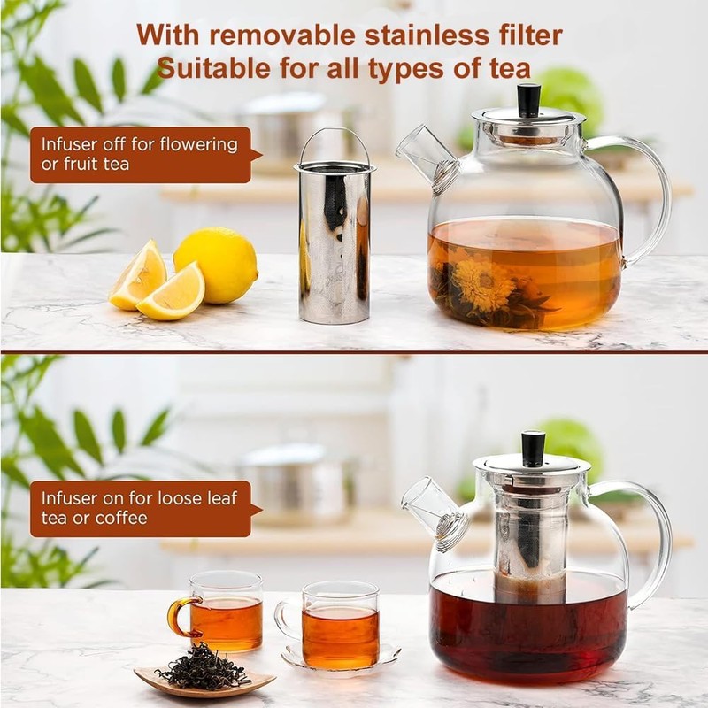 1500ml(50oz) Glass Teapot with Removable Infuser, Ehugos Stovetop Safe Large