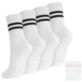 taonganui 4 Pairs Pilates Socks Stopper Socks Women's Yoga Socks Non-Slip Socks Non-Slip Socks Women's Non-Slip Grip Socks for Women Pilates, Yoga, Dance, Ballet (White), white with stripes
