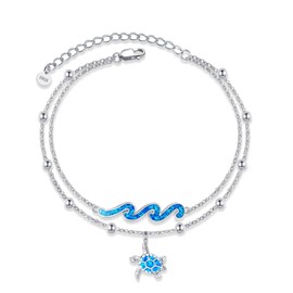 DAYLINLOVE Turtle Wave Anklet 925 Sterling Silver Blue Opal Turtle Wave Anklet Ocean Jewelry for Women