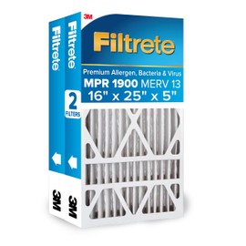 Filtrete 16x25x5 AC Furnace Air Filter, MERV 13, MPR 1900, Premium Allergen, Bacteria & Virus Filter, Electrostatic Air Cleaning Filter, 2-Pack (Actual Size 15.75 x 24.13 x 4.88 in)