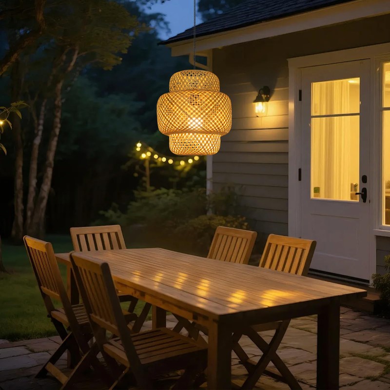 HMVPL Battery Operated Chandelier with Hook, Bamboo Outdoor Battery Operated