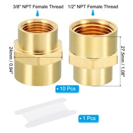 PATIKIL Brass Pipe Fittings Coupler Set, 10Pcs 3/8" x 1/2" NPT Female Thread Brass Hex Nipple Coupling Reducer Adapter Tubing Connector Adaptor with PTFE Tape for Water, Air, Oil, Gas Line