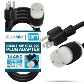 IronBox Electric NEMA 5-15P to L5-30R Plug Adapter Power Cord - 15A,125V,14 AWG - UL Listed Power Extension Cable - Heavy Duty Plug & Connector for Generator, Servers, PDU, Camper & More (20ft, Build)