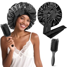 Satin Hood for Sleeping, Adjustable Silk Bonnet for Sleeping with Curl Comb, Sleep Cap, Silk with Elastic Band, Breathable Silk Bonnet, Satin Hair Cap for Curls and Long Hair (Black)