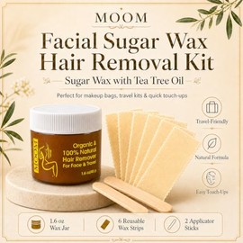 MOOM Kit de depilación de cera de azúcar facial, tamaño de viaje, cera de cejas para barbilla, labios y depilación facial, cera de azúcar con aceite d