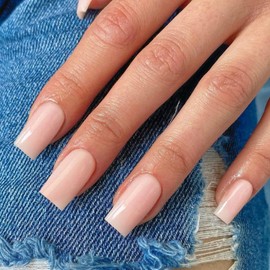 Baby Pink Nails Press ons, Press on Nails Medium Square Glue on Nails Medium Length, Short Acrylic Nails Glue on Medium Coffin Nails Fake Nails False Nails for Women, Thick Solid Color Gel Nails 24Pcs