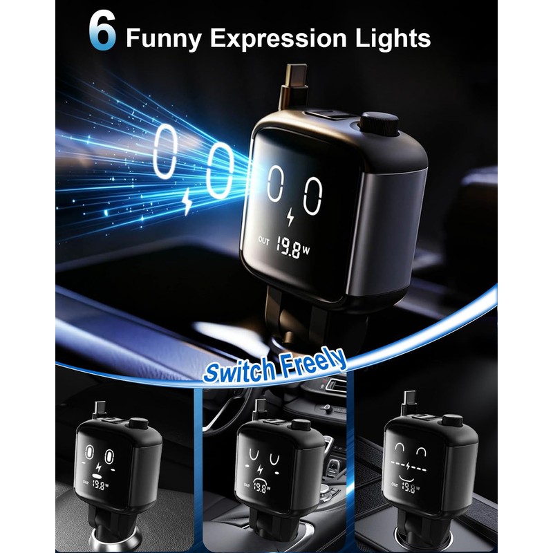 3-in-1 Retractable Car Charger with Funny Expression Light Voltage Display