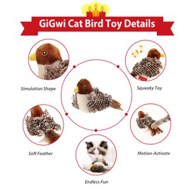 PETGEEK GiGwi Interactive Cat Feather Toy, Melody Chaser Chirpy Bird Cat Toy Plush Toys for Cats, Squeak Cat Toys for Indoor Cats