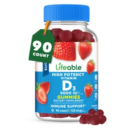 Lifeable Sugar Free Vitamin D 5000 IU - Great Tasting Natural Flavor Gummy Supplement - Gluten Free Vegetarian GMO-Free Chewable - for Immune Support and Bone Health - for Adults - 90 Gummies