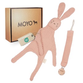 MOYO Baby Gift Set Made of Muslin, Delicate Rosewood, 2-Piece Gift Set with Cuddly Cloth Rabbit & Dummy Chain, Birth Gift for Boys and Girls, Baby Gifts for Newborns