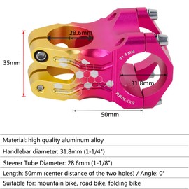 CYSKY Bicycle Stem 31.8 50 mm MTB Stem Short Handlebar Stem Riser for Road Bike, Mountain Bike, BMX, Downhill Bicycle (Pink & Gold Splicing)