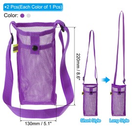 PATIKIL 22mmx13mm Water Bottle Bag, 2 Pack Mesh Portable Bottle Holder Carrier Adjustable Shoulder Strap for Sports Hiking Camping, Purple White