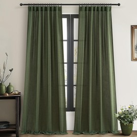 102 Inch Length Curtain 2 Panels Dark Olive Green Linen Curtains for Bedroom, Hook Belt Pleated Modern Ceiling Track Light Filtering Privacy Sheer Drapes with Tiebacks for Large Window Loden W52xL102