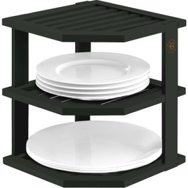 Bambüsi Plate Organizer for Cabinet - Bamboo Kitchen and Bathroom Organization - Ideal for Cabinet Space Saving, Corner Cabinet Organizer, Countertop, and Corner Shelf Kitchen Organizer (Black)