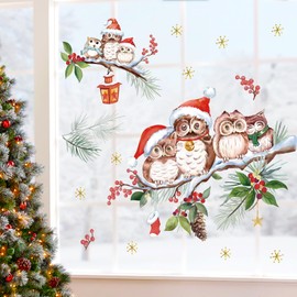wondever Christmas Window Wall Sticker Owl Birds Christmas Tree Wall Sticker Window Sticker for Children's Room Christmas Decoration