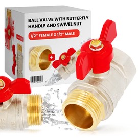 Ball Valve with Butterfly Handle Pack Nut Female Thread 1/2 Inch x AG 1/2 Inch Water Ball Valve Wing Handle Durable Brass Outlet Valve Corrosion Protected Hot Water